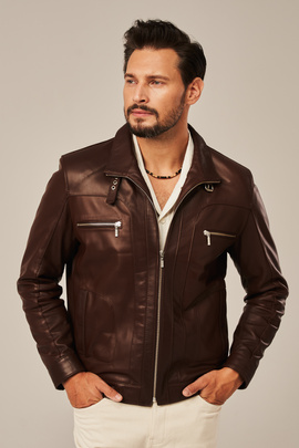 Herren Braune Lederjacke mit Stehkragen