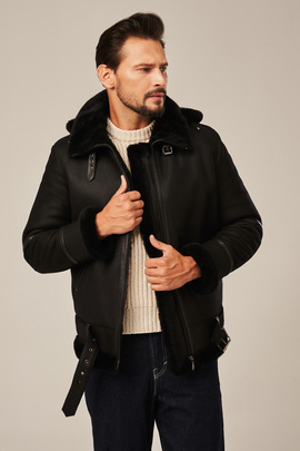 Herren Lammfelljacke mit Kapuze, schwarz