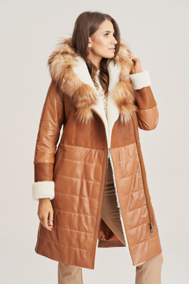 Damen Winter Ledermantel mit Kapuze und Rotfuchsfell, rostbraun