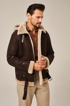 Herren Winter Lederjacke mit Kapuze, braun