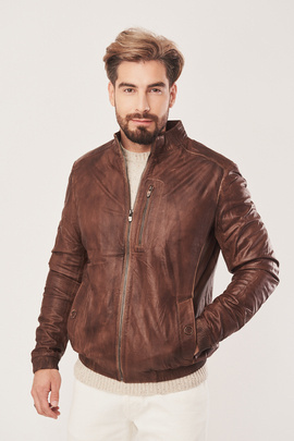 Herren Braune Lederjacke mit Stehkragen