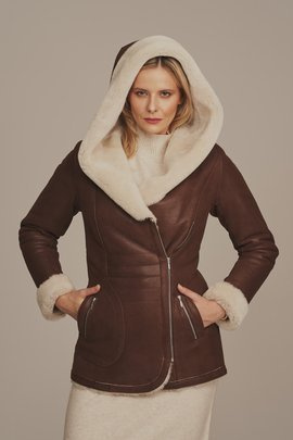 Damen Lammfelljacke mit Kapuze und Reißverschluss, braun