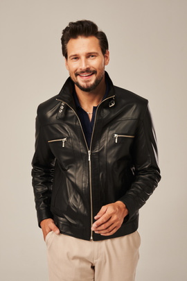 Herren Schwarz Lederjacke mit Stehkragen