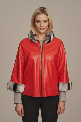 Damen Lederjacke mit Pelz, koralle