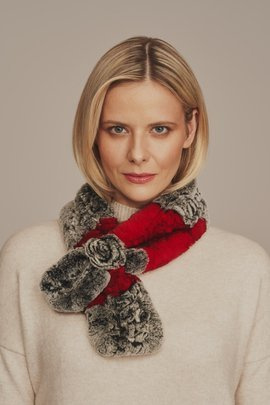 Pelzschal grau/rot, echtfell