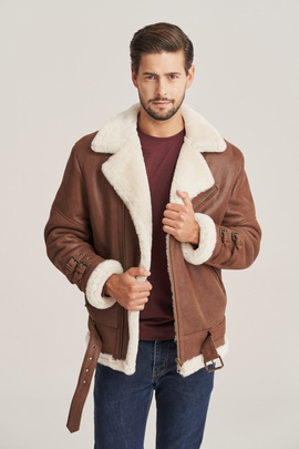 Herren Lederjacke, 100% Lammfell mit weißem Fell, Revers Kragen und Hüftgurtel