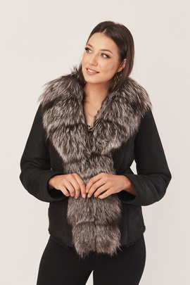 Damen Lammfelljacke mit Fuchsbesatz, Hüftlang