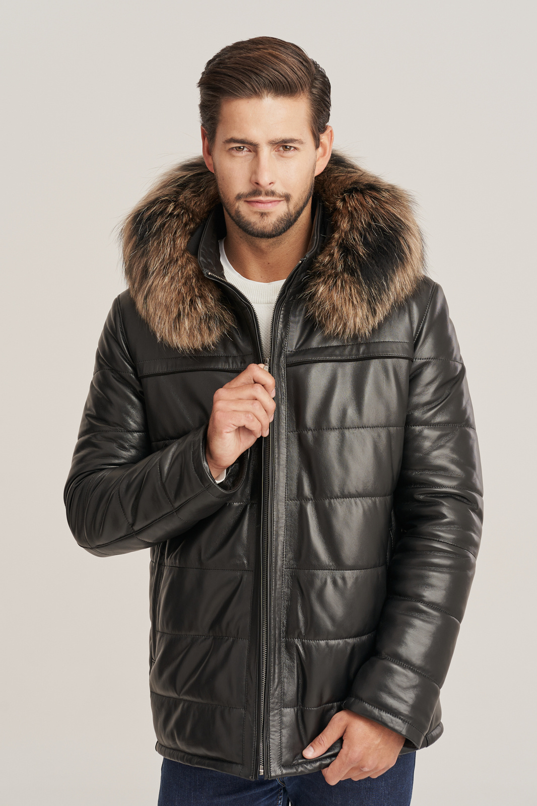 Herren Winter Leder Jacke mit abnehmbare Fellkapuze aus