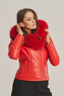 Kurze Rote Damen Lederjacke im Bikerstil mit Kapuze