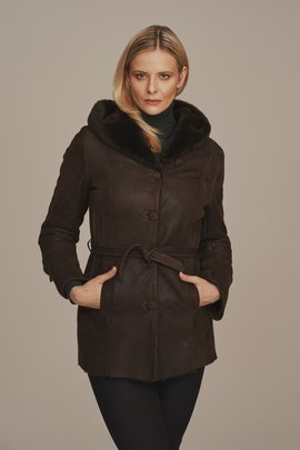 Damen Lammfelljacke mit Kapuze, braun