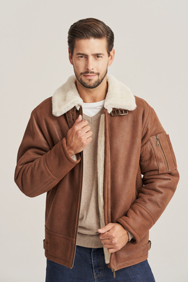 Herren Piloten Jacke, 100% Lammfell, Farbe cognac auf weißen Haar