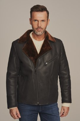 Herren Lammfelljacke, schwarz mit blau schimmer und braunen Innenfell, Reißverschluss und Revers Kragen, 100% Lammfell
