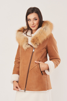 Damen Lammfelljacke, Kapuze mit Fuchspelz, Hüftlang, cognac, 100% Lammfell