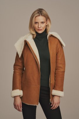 Damen Lammfelljacke mit Kapuze, cognac mit weißen Fell